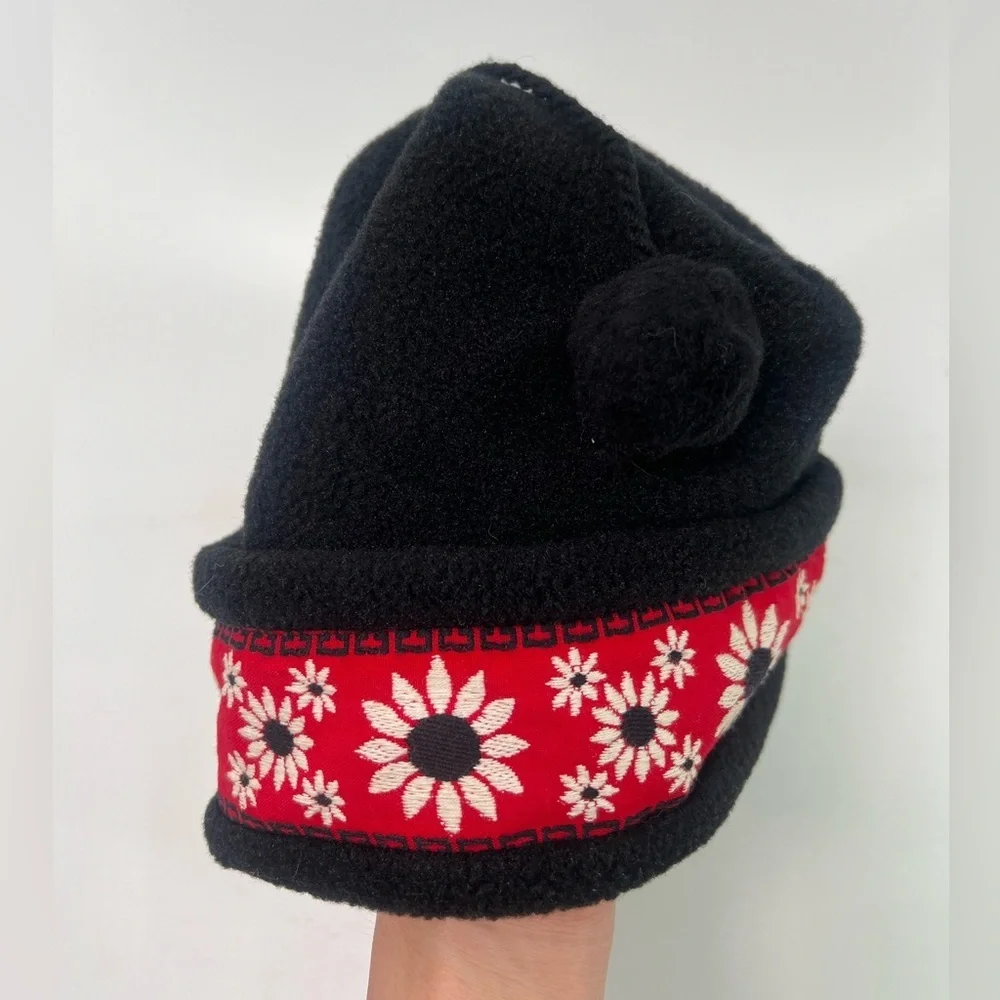 Vintage Digme Black Red Daisy Beanie Hat with Pom Tassel Ponytail Hole Velcro